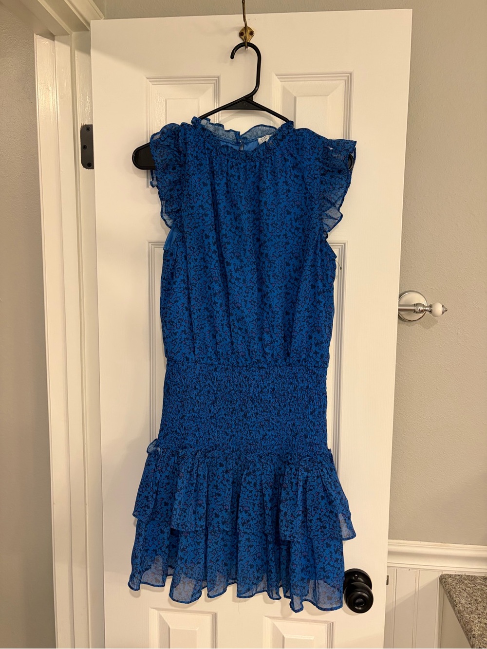 TCEC Royal Blue Floral Smocked Chiffon Mini Dress Ruffle Tiered M